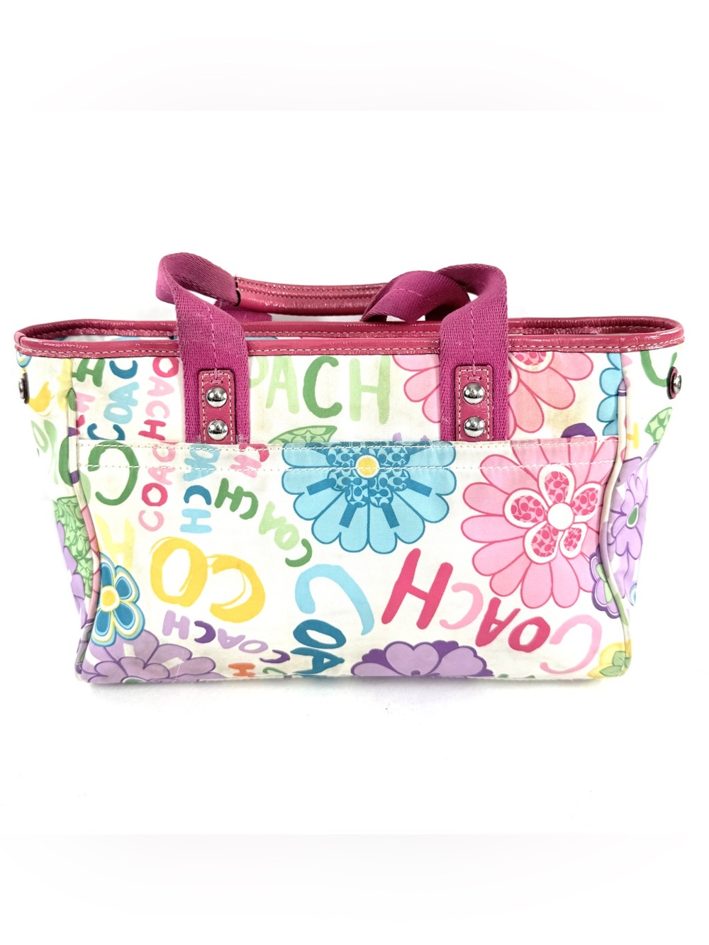 Coach F14882 Poppy Daisy Floral Multicolor Canvas Small Shoulder Bag Pink Trim - Picture 3 of 12